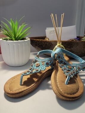 Embellished Teal Women's Thong Sandals - Comfortable Casual Footwear